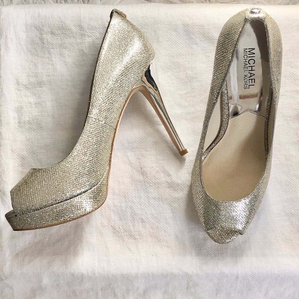 Michael Kors Silver Peep Toe Heels. Size 9.5.  NWOB